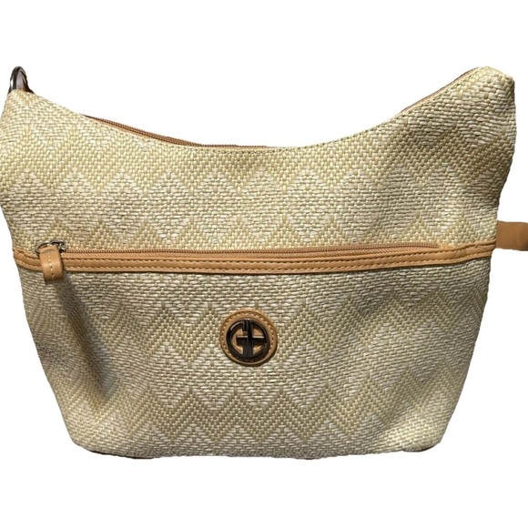 Cream and Tan Crescent Shoulder Bag with Textured Pattern - Picture 1 of 9